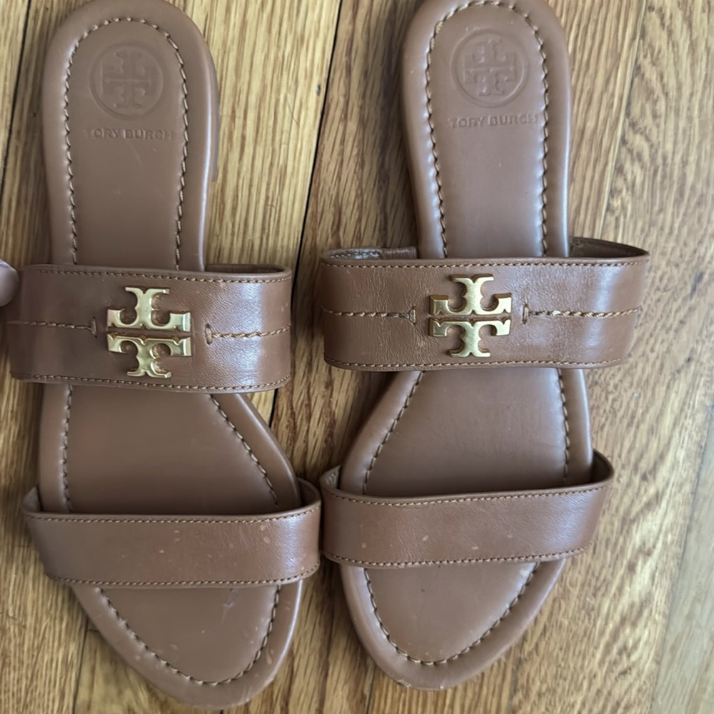 TORY BURCH Everly Leather Slide double strap in tan brown sandal